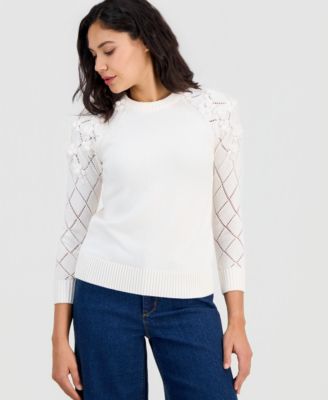 Women's Flower-Trim Long-Sleeve Sweater 