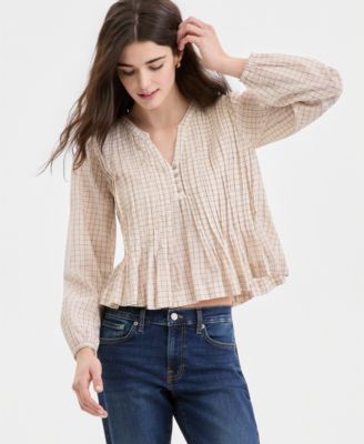 Women's Cotton Plaid Pintucked Long-Sleeve Top