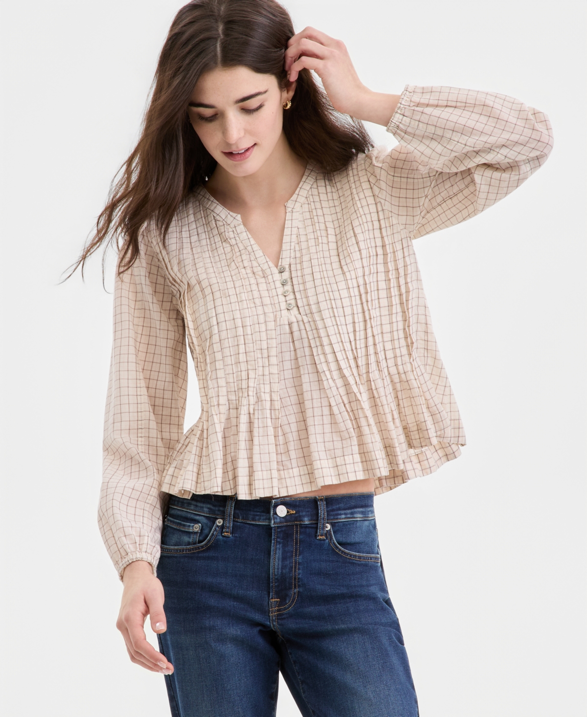 Lucky Brand Women's Cotton Plaid Pintucked Long-Sleeve Top