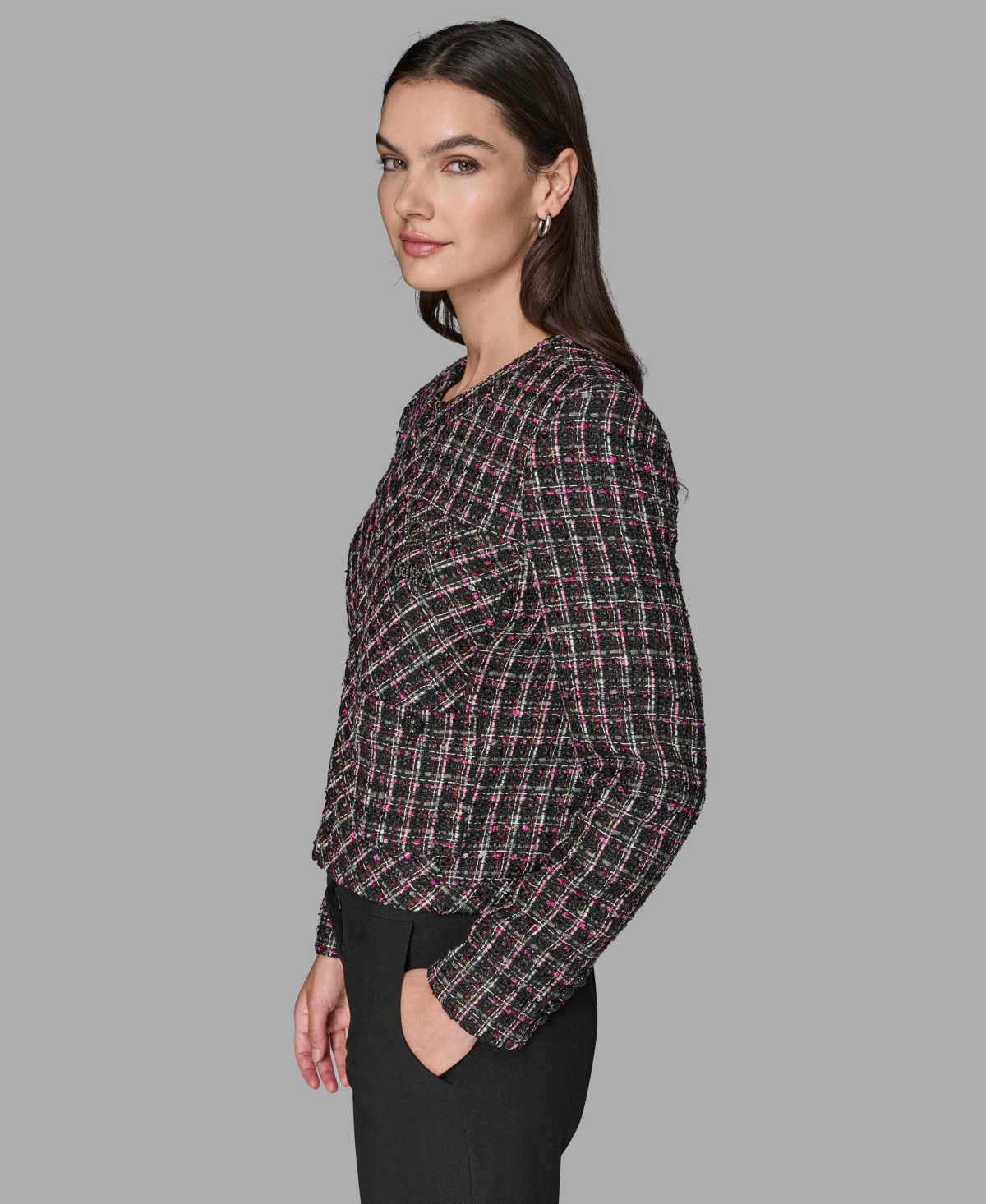 Karl Lagerfeld Women's Padded Tweed Long-sleeve Jacket In Gray