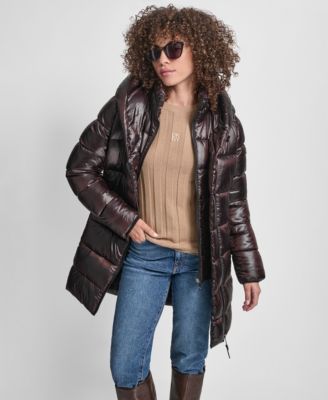 Women's Bibbed Shawl-Collar Packable Shine Puffer Coat