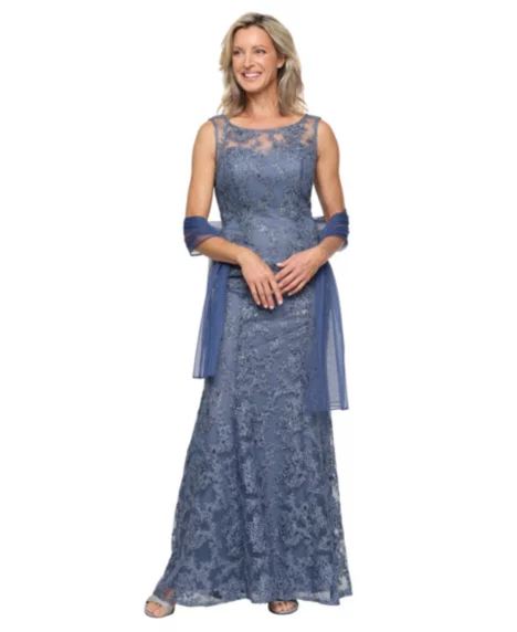 Petite Sleeveless Embroidered Long Dress - Vintage Blue