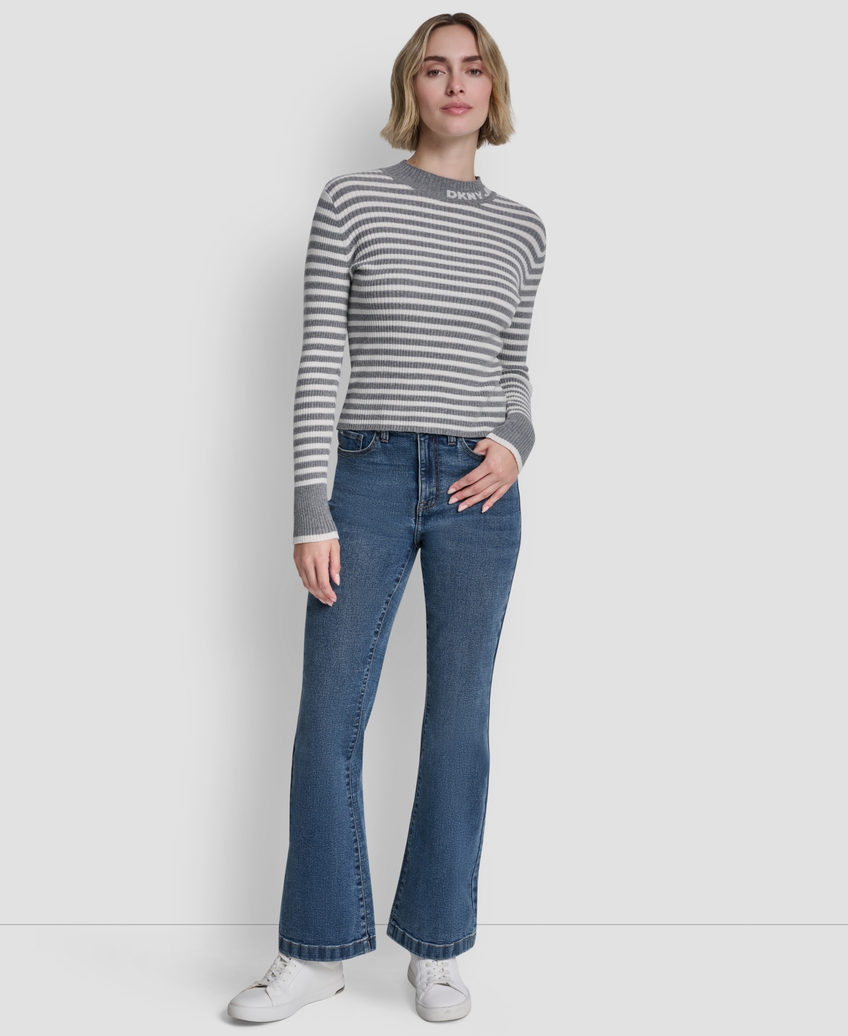 Dkny Jeans Women's Long-Sleeve Mock Neck Rib Striped Sweater