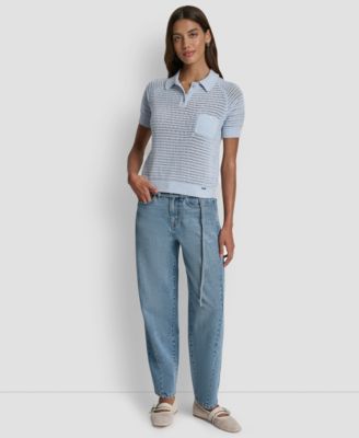 DKNY Jeans - Women's Short-Sleeve Polo Collar Faux Crochet Stitch Sweater