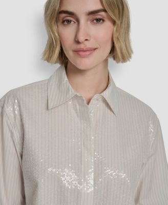 Women's Logo Embroidery and Sequin Button-Front Shirt