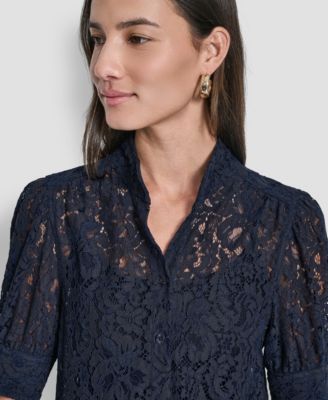 Women's Lace Puff Sleeve Stand Collar Shirt