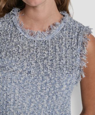 Women's Sleeveless Tweed Fringe Trimmed Sweater