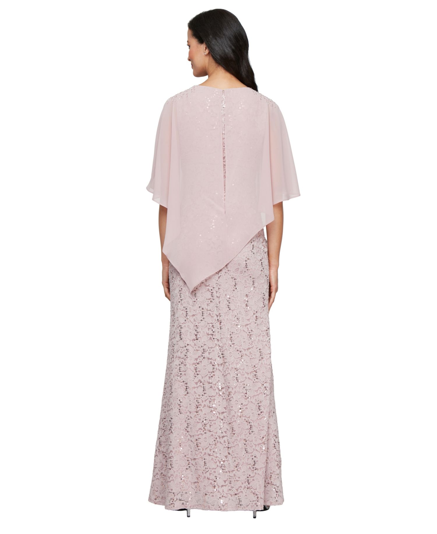 Petite Round-Neck Sequin Lace Cape Dress