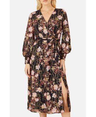 Women's Foiled Floral Print Wrap Midi Dress
