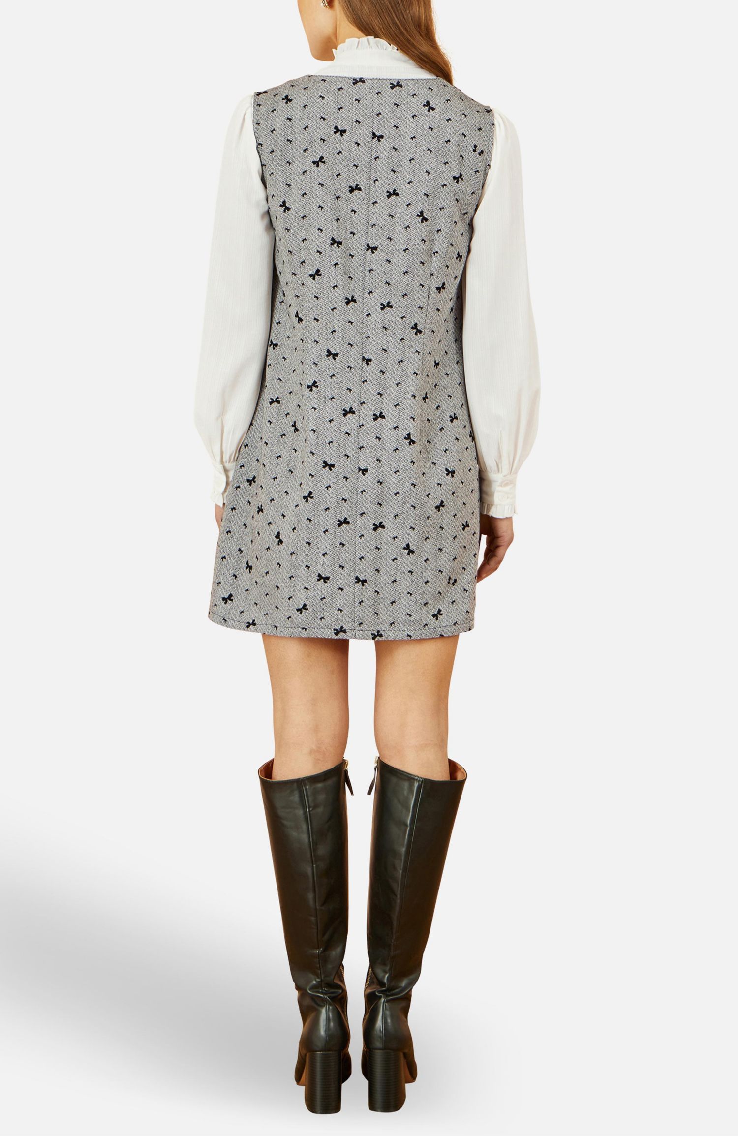 Women's Bow Print Button Up Pinafore Dress