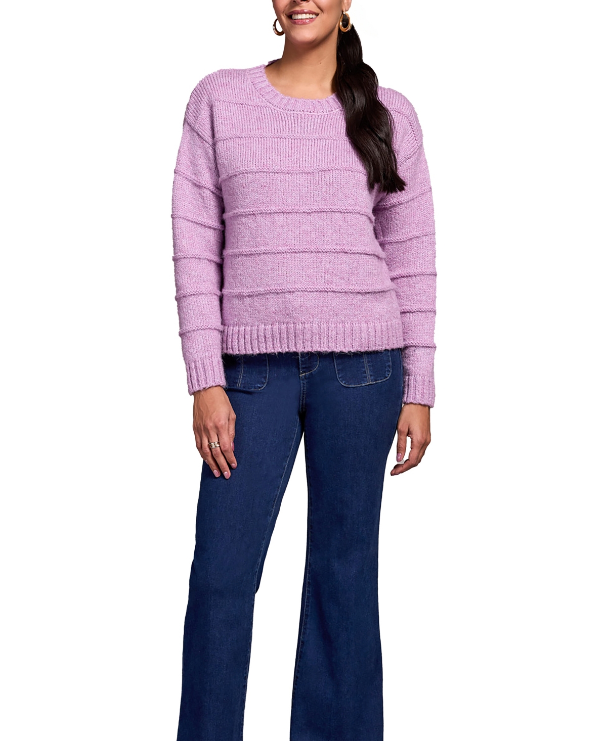 Tribal Women's Heathered Stripe Crew Neck Sweater In Purple