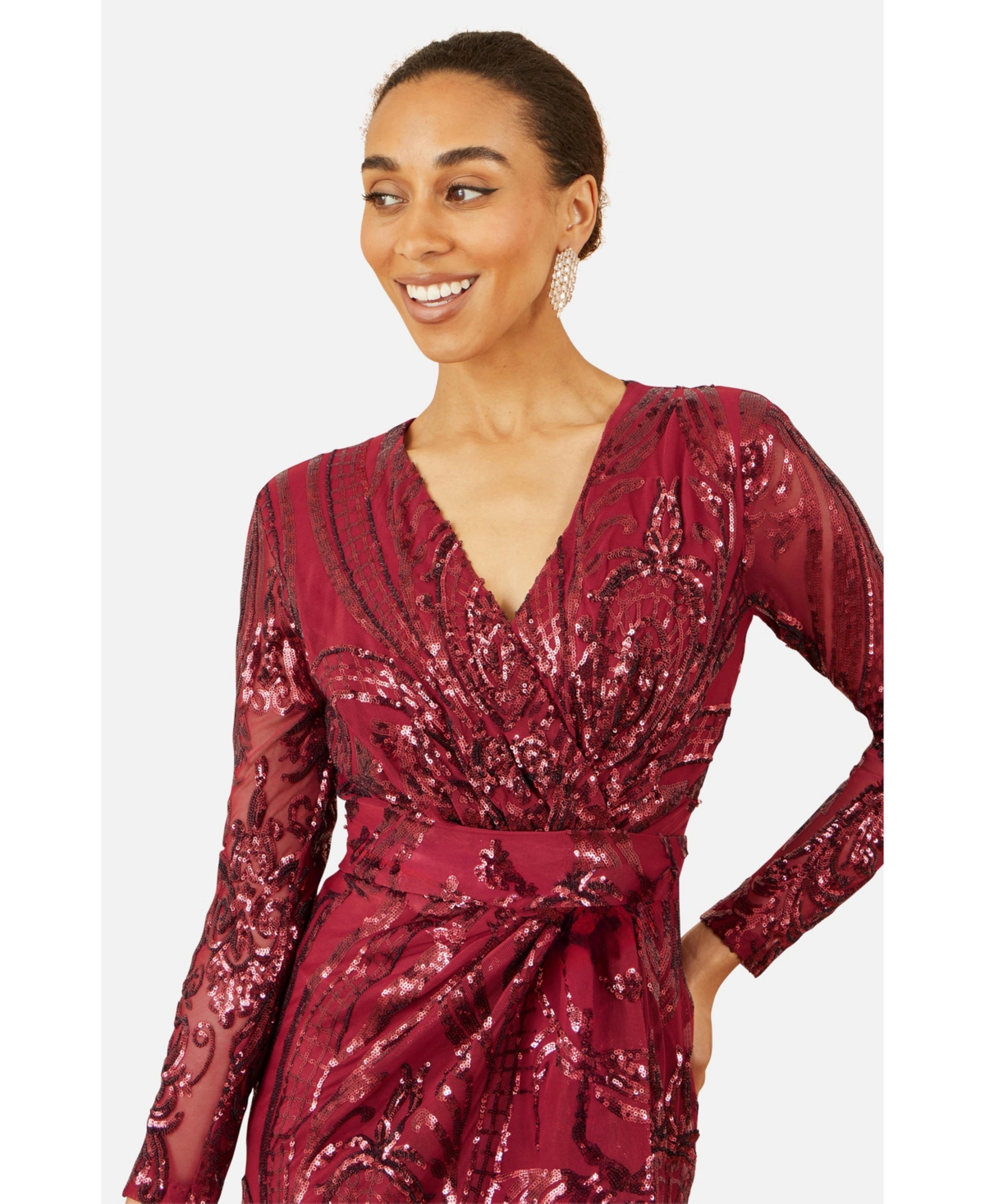 Yumi Women's Sequin Midi Long Sleeve Wrap Dress