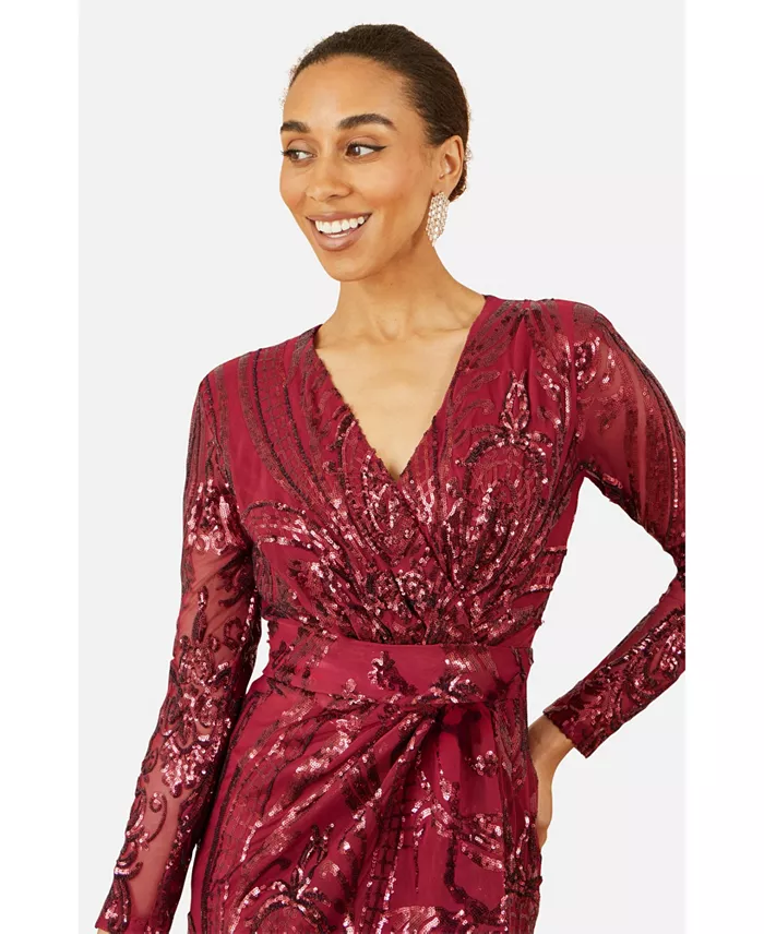 Women's Sequin Midi Long Sleeve Wrap Dress - thumbnail 6