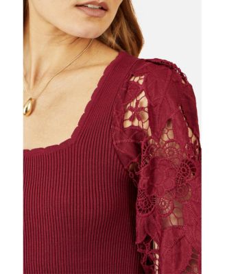 Women's Ribbed Knitted Lace Sleeve Top