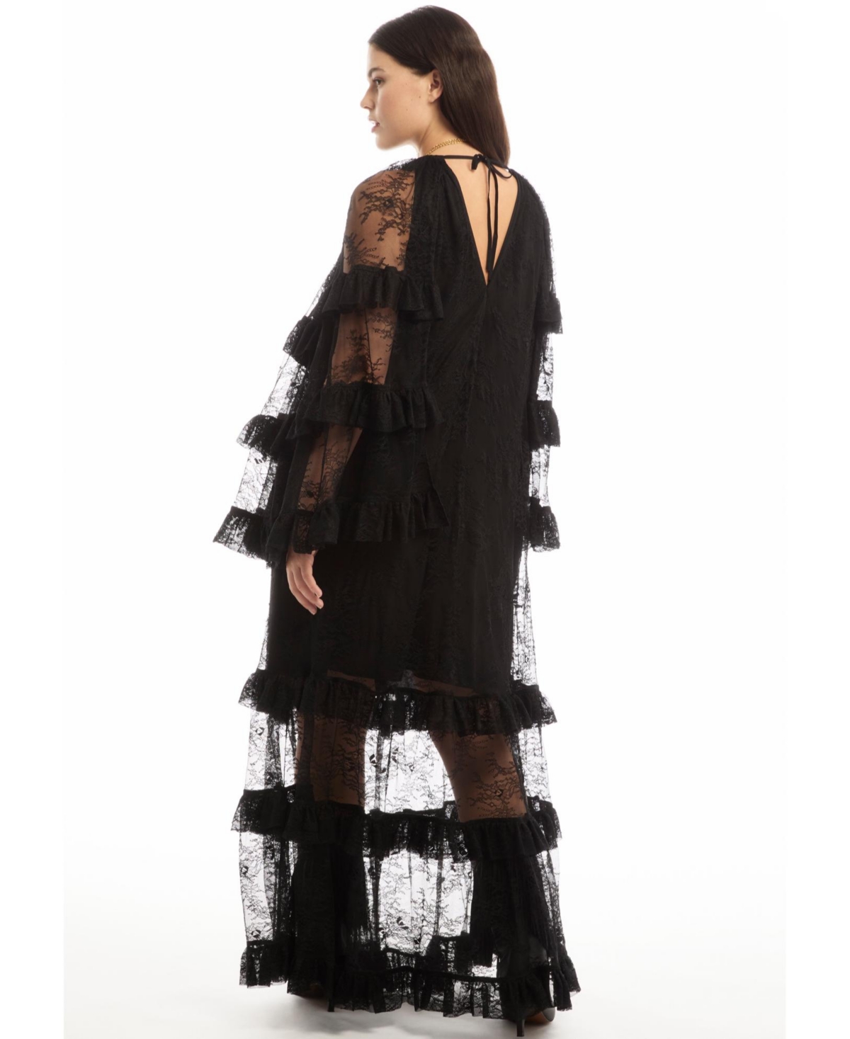 June + Vie Women's Tiered Lace Cape Maxi Dress