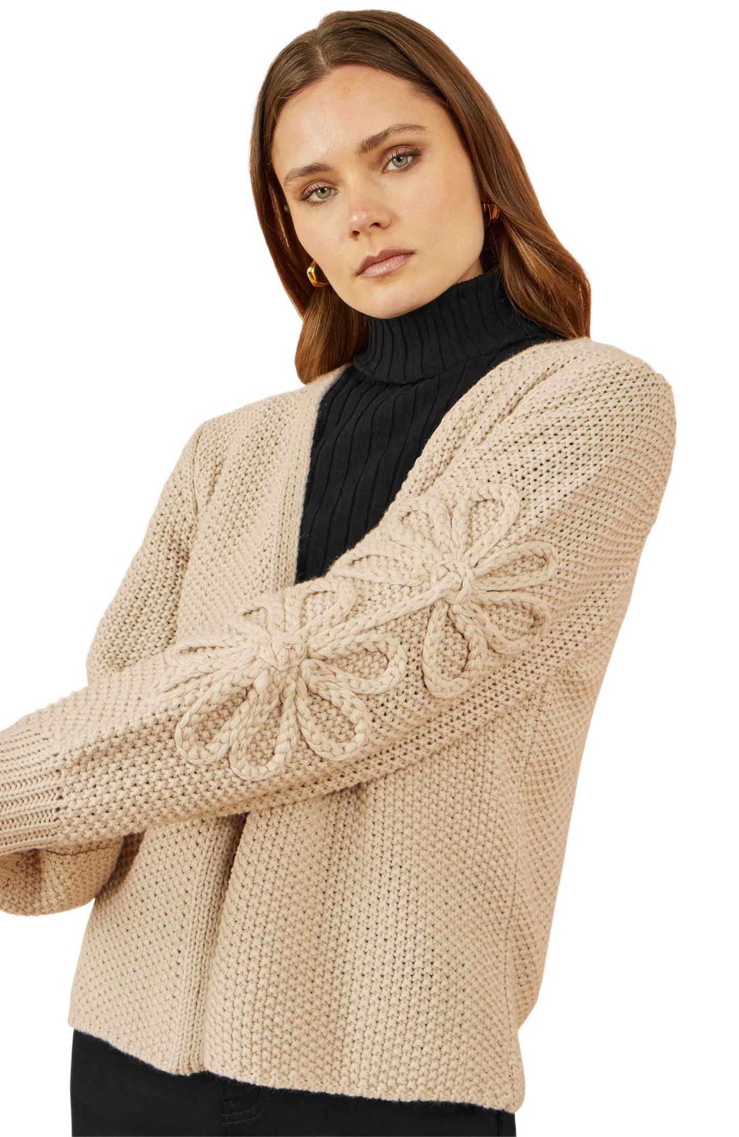 Женский кардиган Yumi Floral Sleeve Chunky Knit Open Front Long Cardigan, цвет: Бежевый — фото 1
