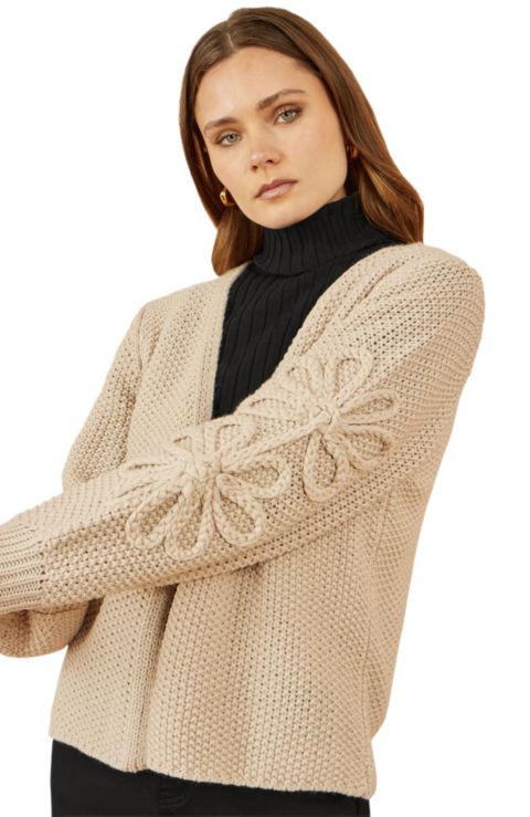 Женский кардиган Yumi Floral Sleeve Chunky Knit Open Front Long Cardigan, цвет: Бежевый