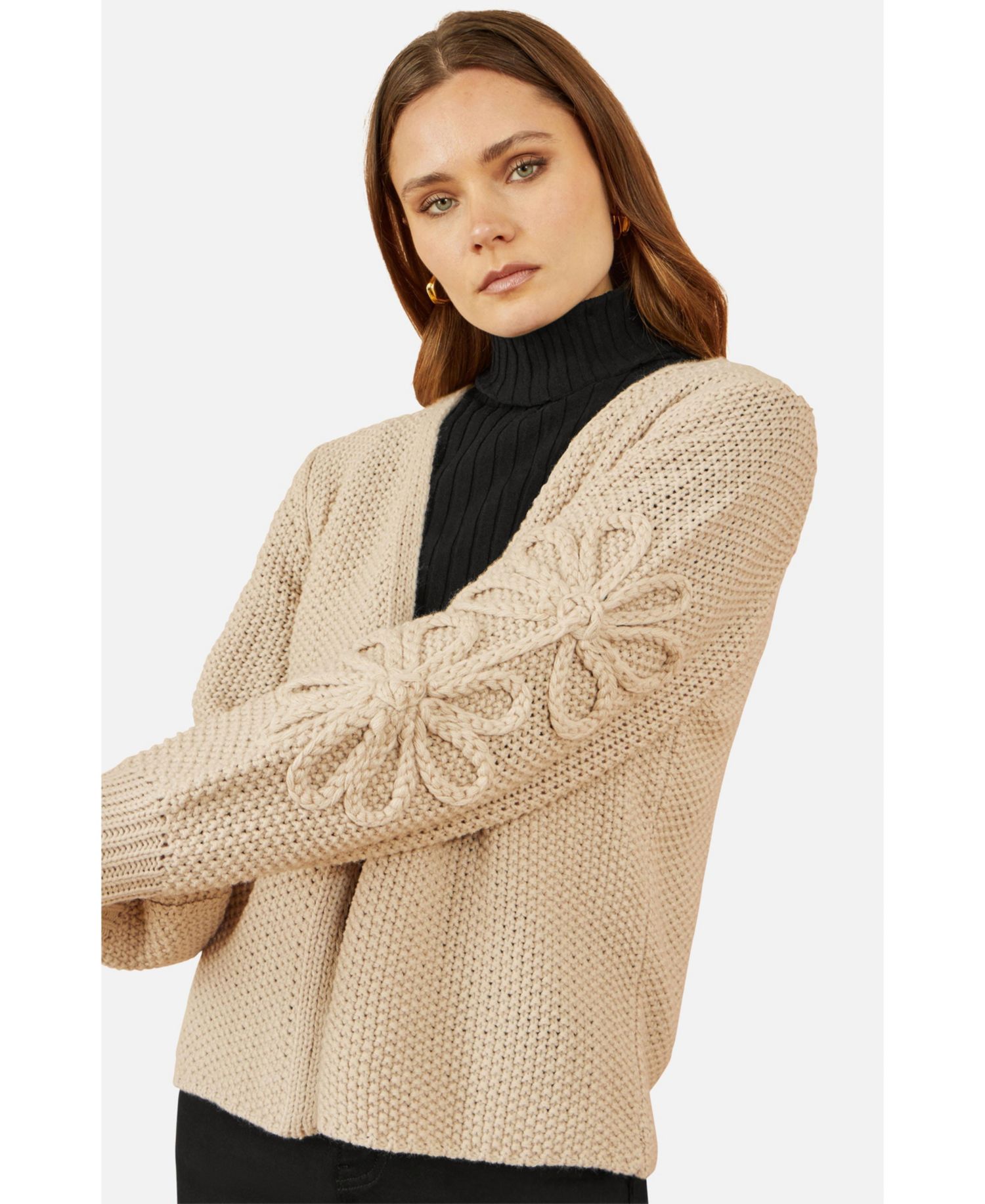 Women's Floral Sleeve Chunky Knit Open Front Long Cardigan Sweater