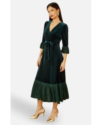 Women's Velvet Wrap V-Neck Midi Dress