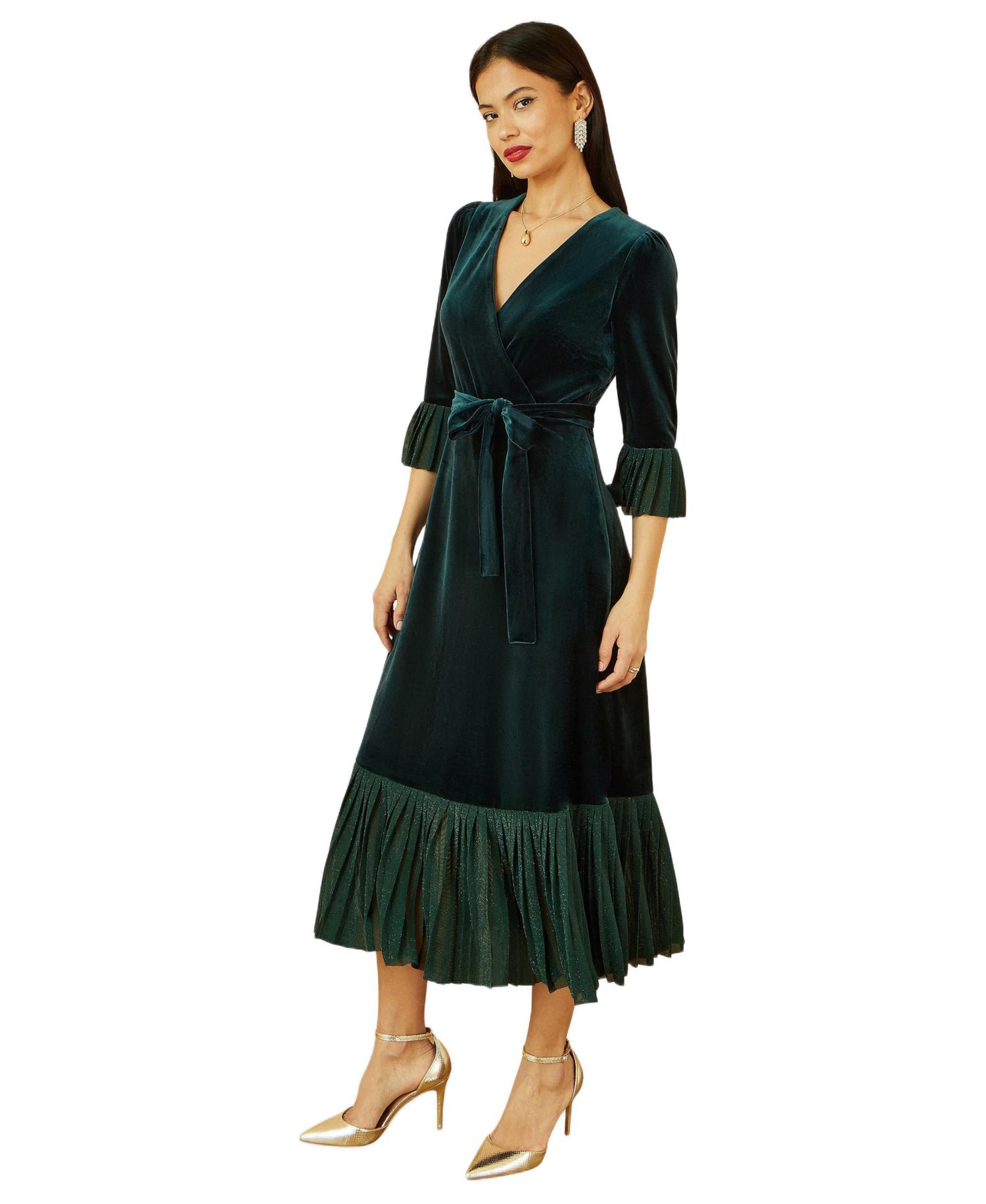 Women's Velvet Midi Pleat Detail Wrap Dress