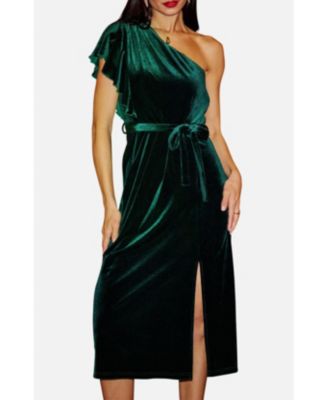 Women's Velvet Frill One Shoulder Midi Dress