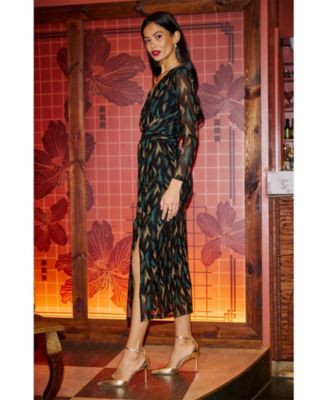 Women's Metallic Sparkle Mesh Wrap Midi Dress