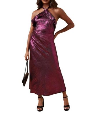 Women's Foil Halterneck Ruffle Foil Midaxi Dress