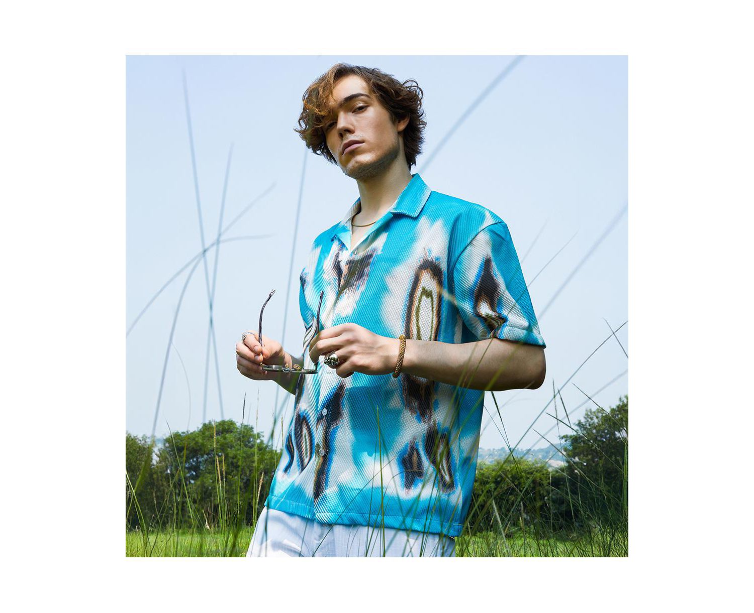 Men's Sky Blue Topography Mesh Oversized Shirt
