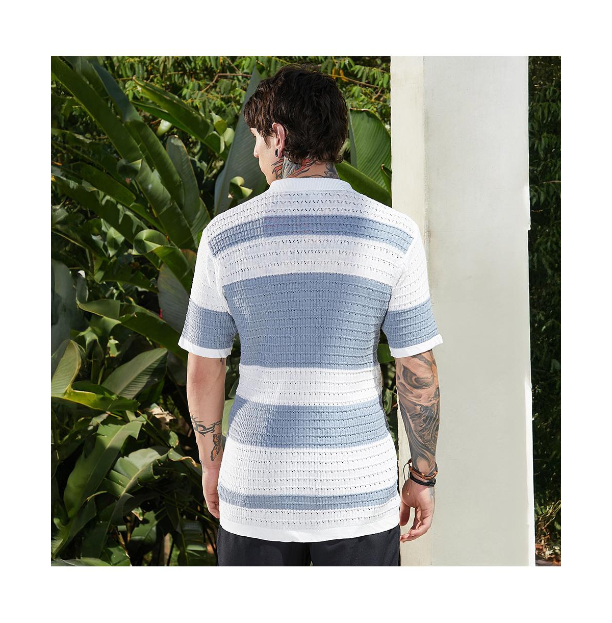 Campus Sutra Men's Icy Blue & Daisy White Panel-Knit Relaxed Shirt