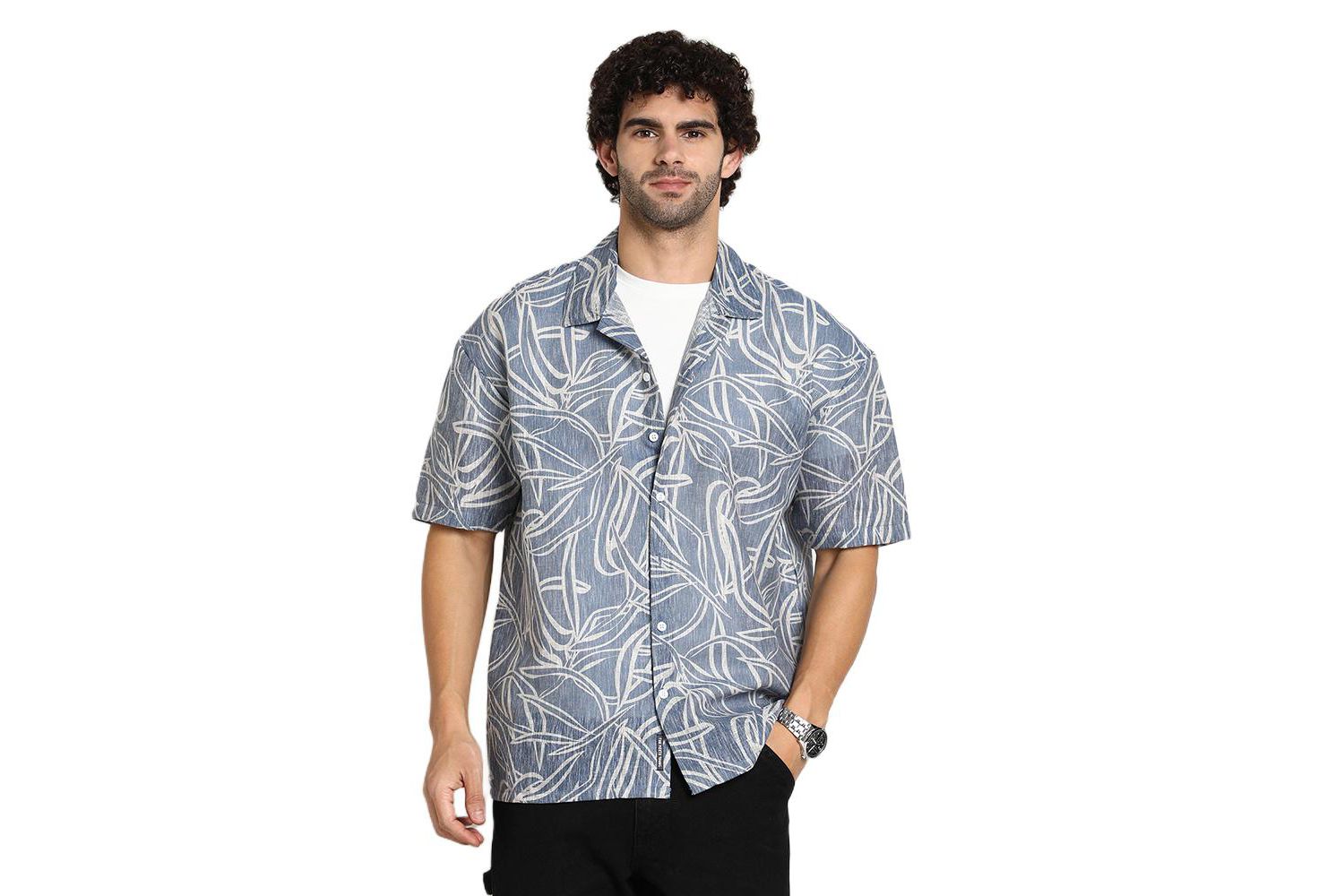 Men's Steel Blue Vine-Lines Resort Oversized Shirt