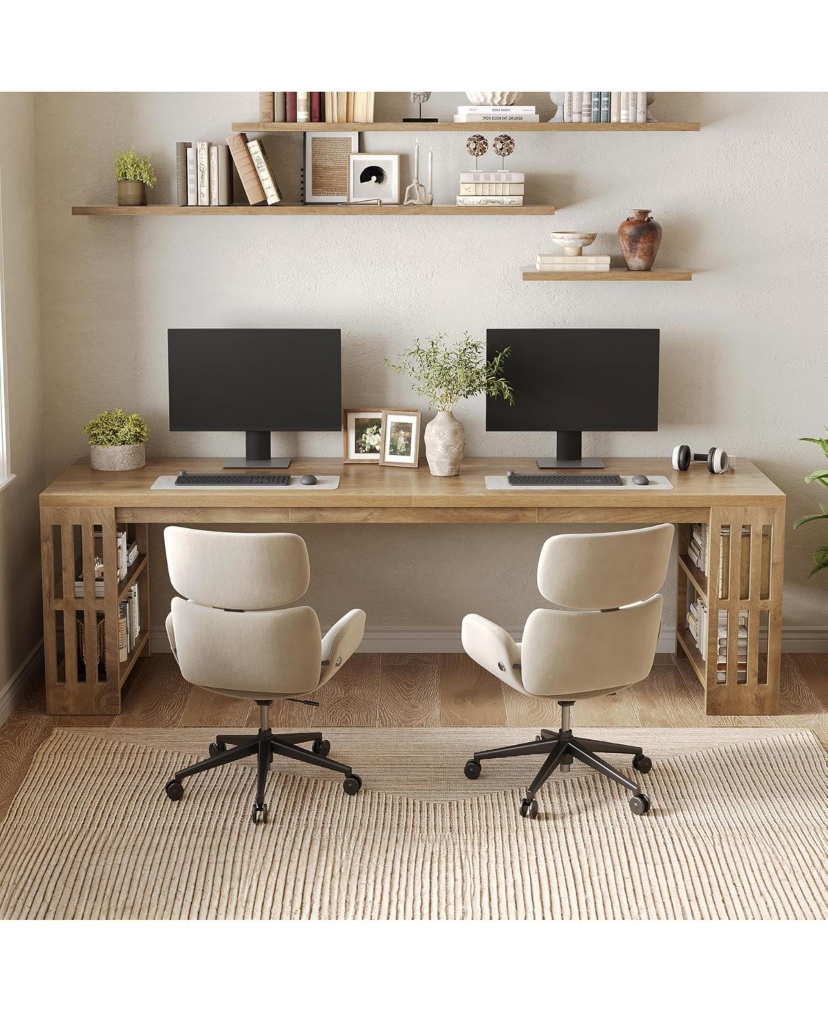 Tribesigns 2 Person Desk, 78.7" Computer Desk with Shelves, Farmhouse Home Office Desk, Wood Heavy Duty Shelf Legs