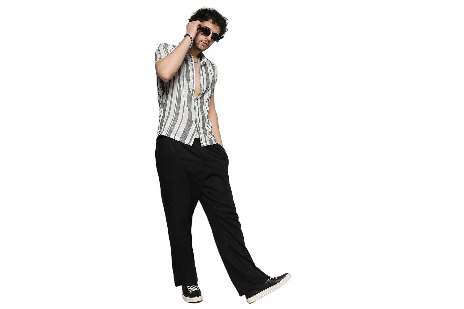 Men's White & Grey Unbalanced Striped Woven Shirt