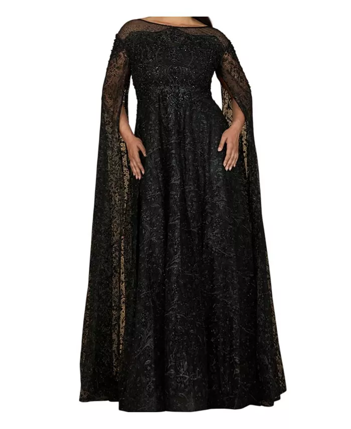 Women's Lace Gown with Dramatic Cape Sleeves - thumbnail 7