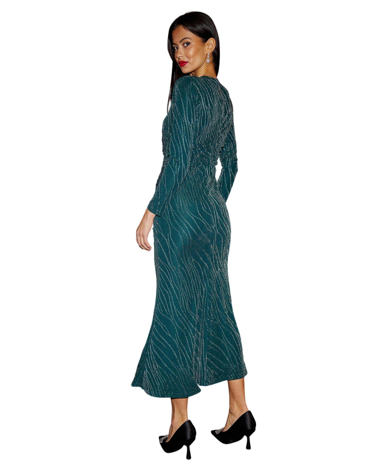 Women's Mesh Fitted Ruched Midi Dress