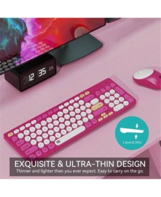Wireless Keyboard And Mouse Combo - 2.4GHz Cordless, Cute Round Keys, Quiet Slim Set for Laptop, Computer, TV - White Red