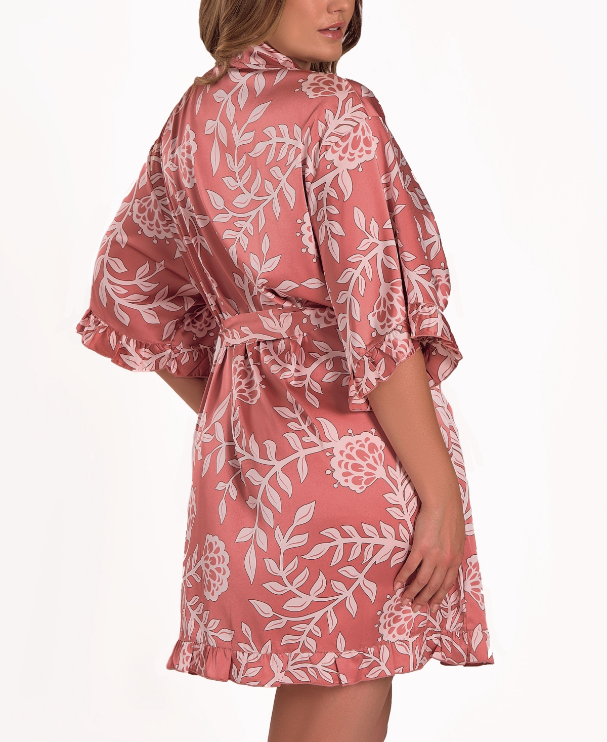 Icollection Plus Size Floral Stretch Woven Long-sleeve Robe In Pink