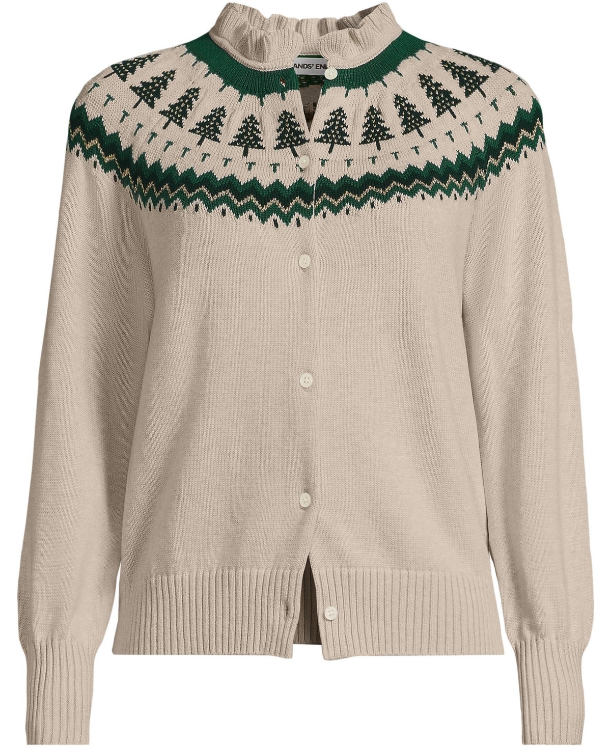 Lands' End Women's Drifter Lurex Ruffle Neck Jacquard Cardigan Sweater