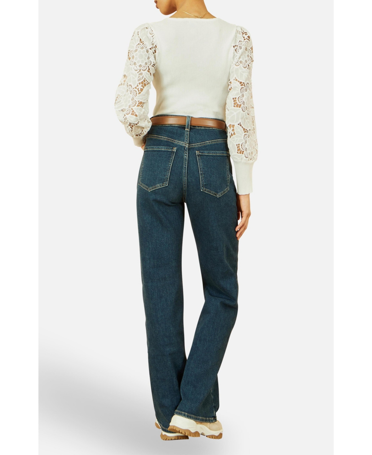 Yumi Women's Ribbed Knitted Lace Sleeve Top