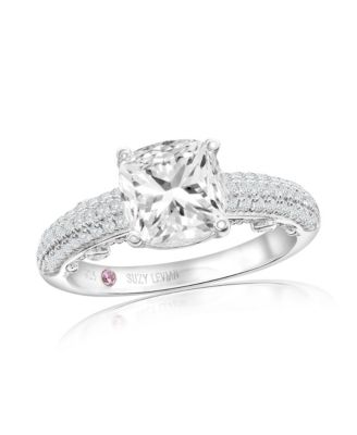 Suzy Levian Sterling Silver Cubic Zirconia Cushion Cut Center Stone Pave Band Ring