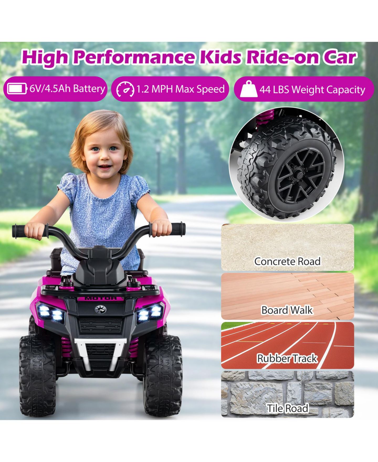 Детская игрушка SUGIFT 6V Kids Ride On ATV with Music & Water Spray, Ages 3+, цвет: Яркий фиолетовый — фото 6