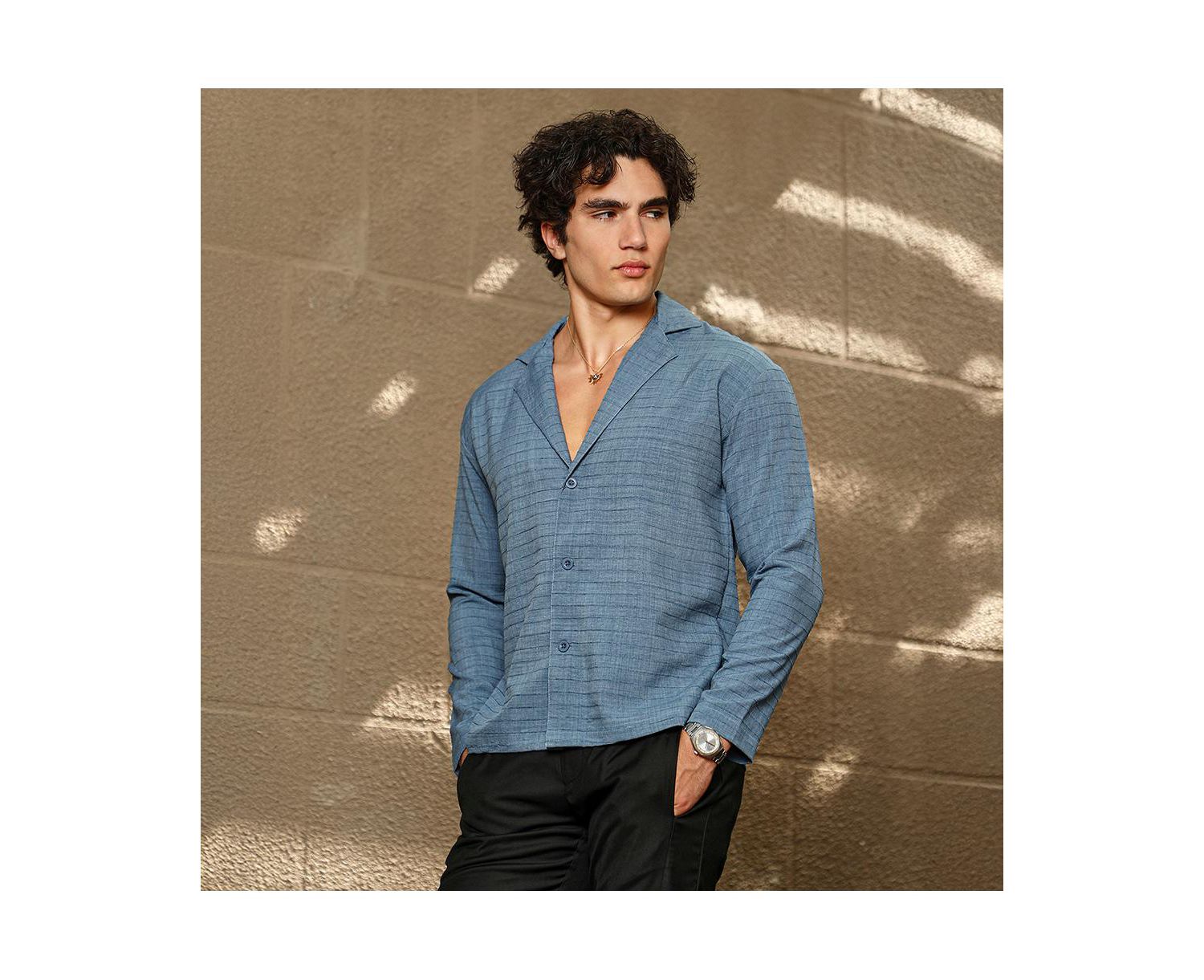 Men's Azure Blue Striped Cuban Shirt
