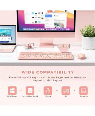Wireless Keyboard And Mouse - Wireless Keyboard With Phone Holder, A Type C Receiver, Full - Size Combo, Pro PC Computer - Baby Pink