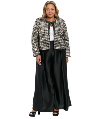 Plus Size Tweed Jewel Neck Jacket with Bow