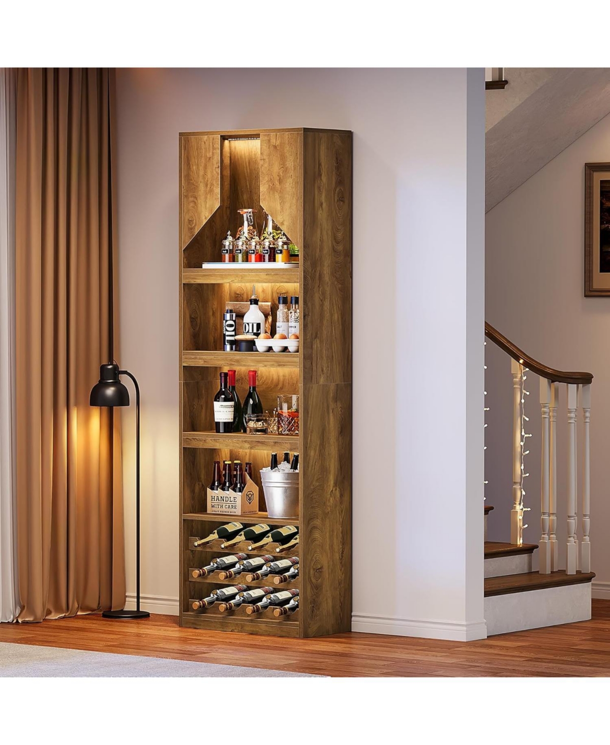 Tribesigns 86.6" Tall Kitchen Cabinet with Stripe Light, Farmhouse Home Bar Liquor Cabinet with Wine Racks