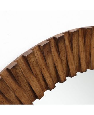 Rustic Oak Wood Textured Round Wall Mirror, 29” Decorative Home Accent