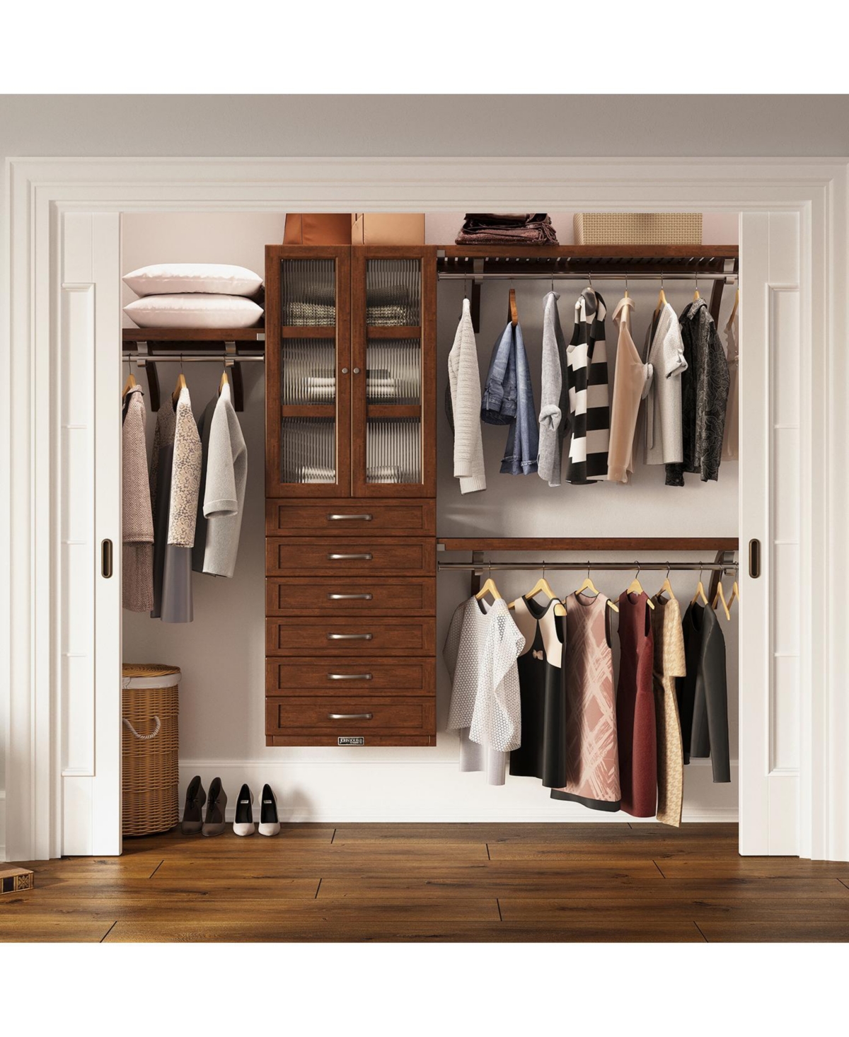 John Louis Home Solid Wood Reach-In Closet Organizer with 6 Shaker Style Drawers and Glass Doors