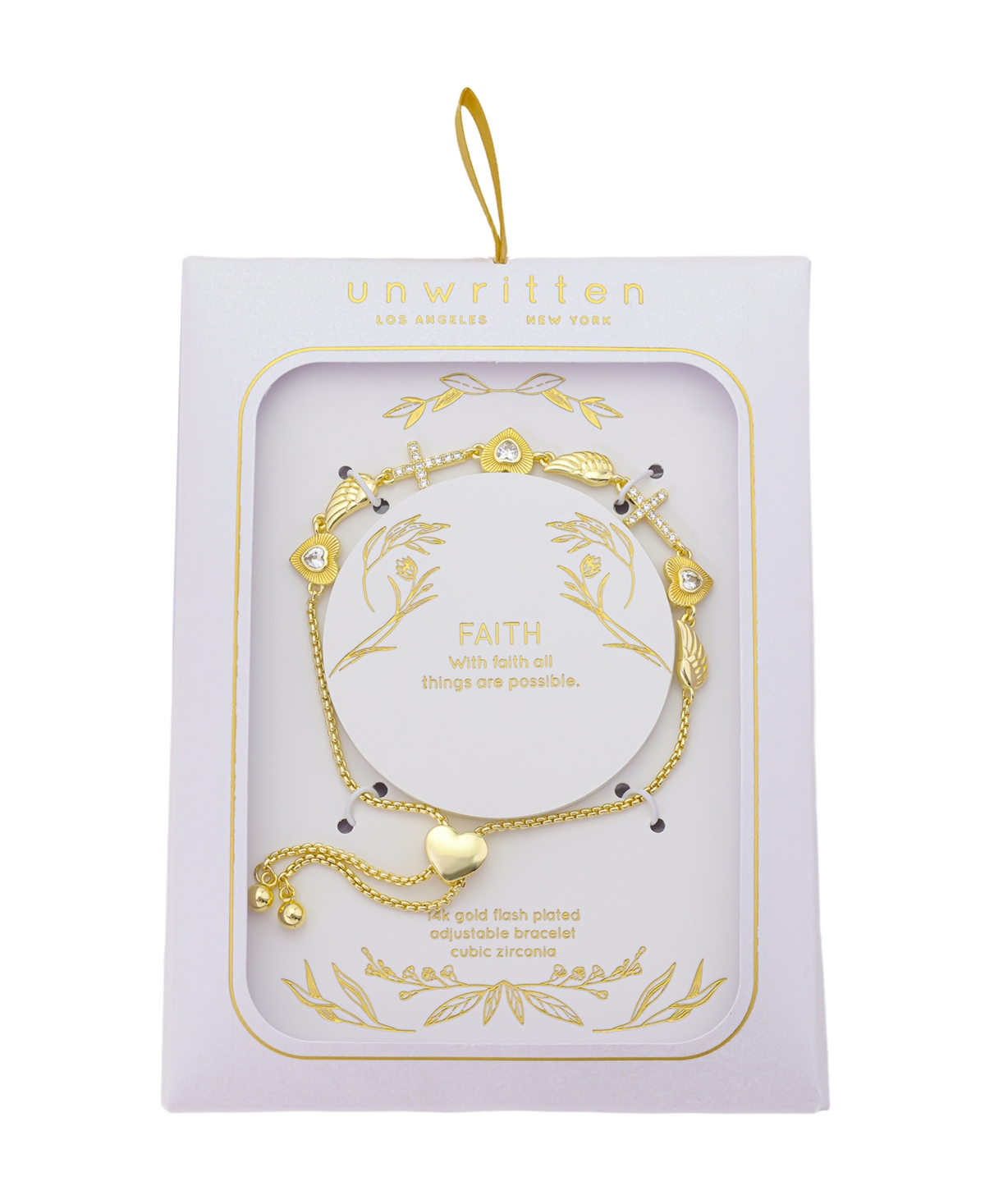 Unwritten Cubic Zirconia Gold Plated Cross Charm Adjustable Bolo Bracelet In Gold