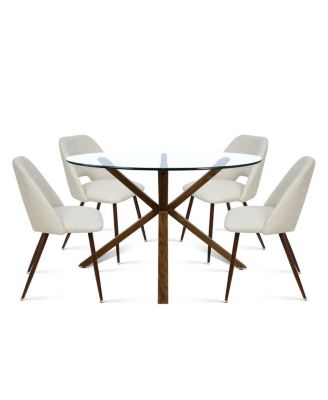 Modern 5-Piece Glass Top Dining Set for Small Spaces, 39.4'' Round Table with Fabric Chairs for Kitchen or Apartment-Maison Boucle