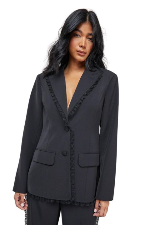 Женский пиджак Warehouse Oversized Lace Frill Trim Blazer, цвет: Чёрный