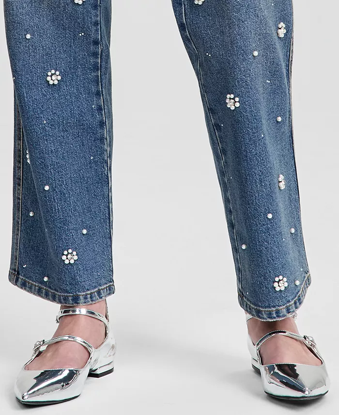 Women's Pearl-Embellished Straight-Leg Jeans - thumbnail 5
